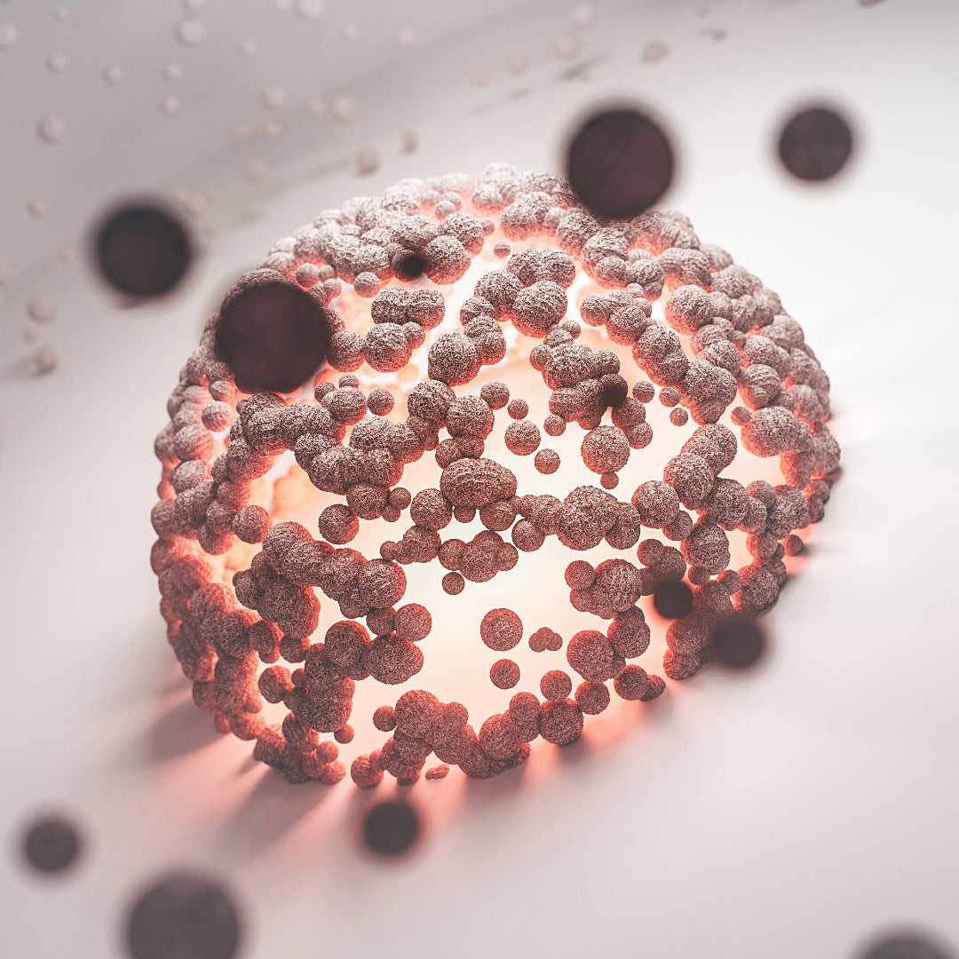 3D-visualisering af mikroskopisk celleaktivitet med komplekse strukturer og lysreflekser. Fokus på bioteknologi, sundhedsforskning og avanceret videnskabelig illustration.